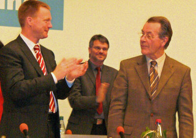v.l.n.r.: Spitzenkandidat Christoph Matschie, Geras SPD-Chef Ramon Miller, SPD-Bundesvorsitzender Franz Müntefering